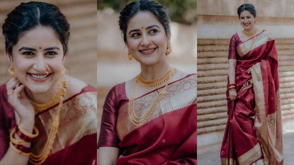 vaidehi parashurami maroon saree traditional photoshoot
