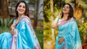 madhurani gokhale sky blue paithani saree look