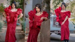 kashmira kulkarni red designer gown glamorous look